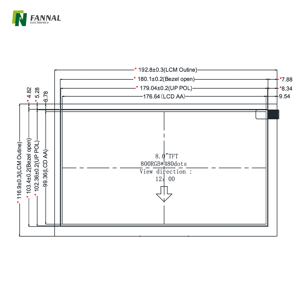 8.0英寸TFT液晶显示屏，亮度400cd/m²，分辨率800x480,接口 LVDS 20