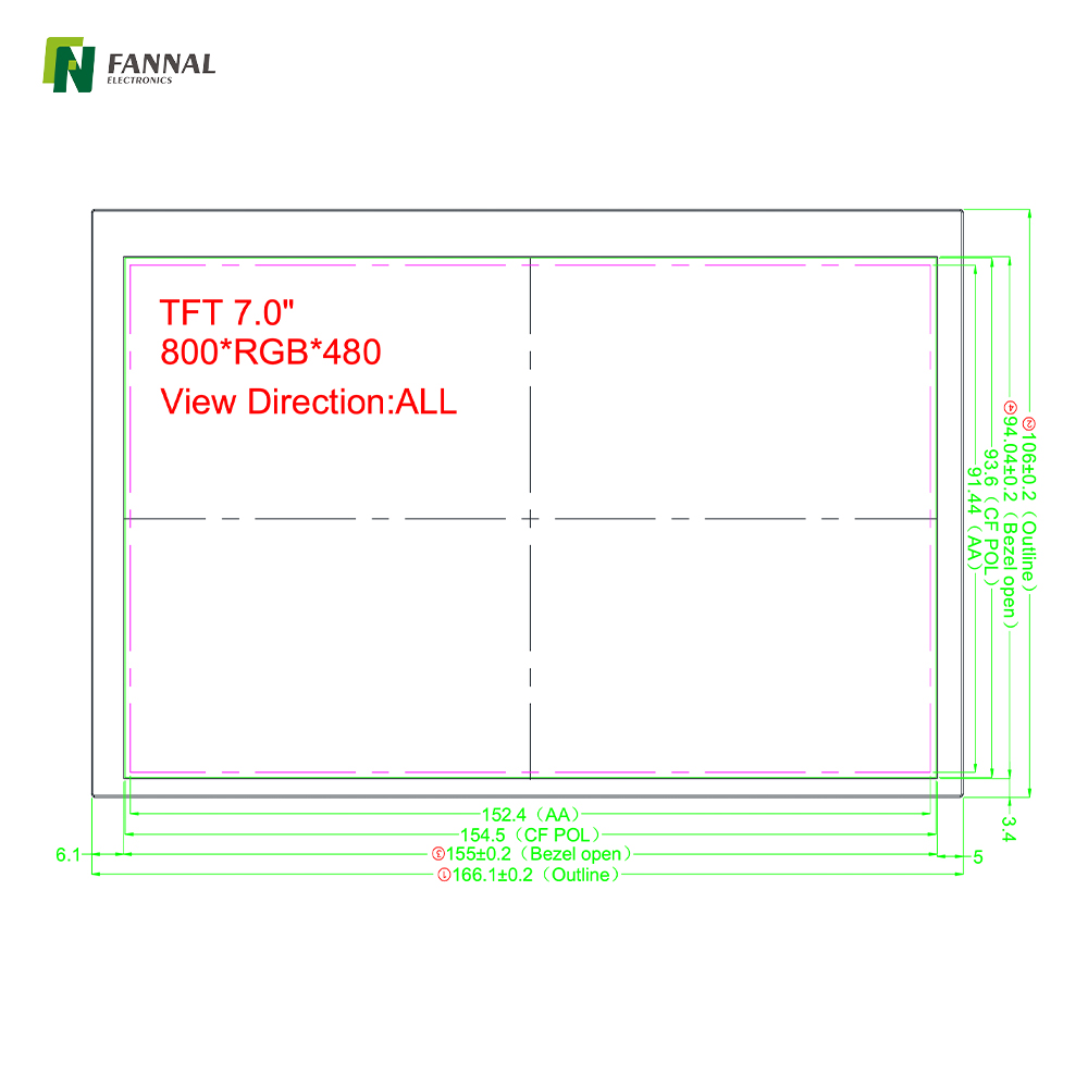 7.0英寸宽温TFT液晶显示屏，亮度1000cd/m²，分辨率800x480接口RGB 60