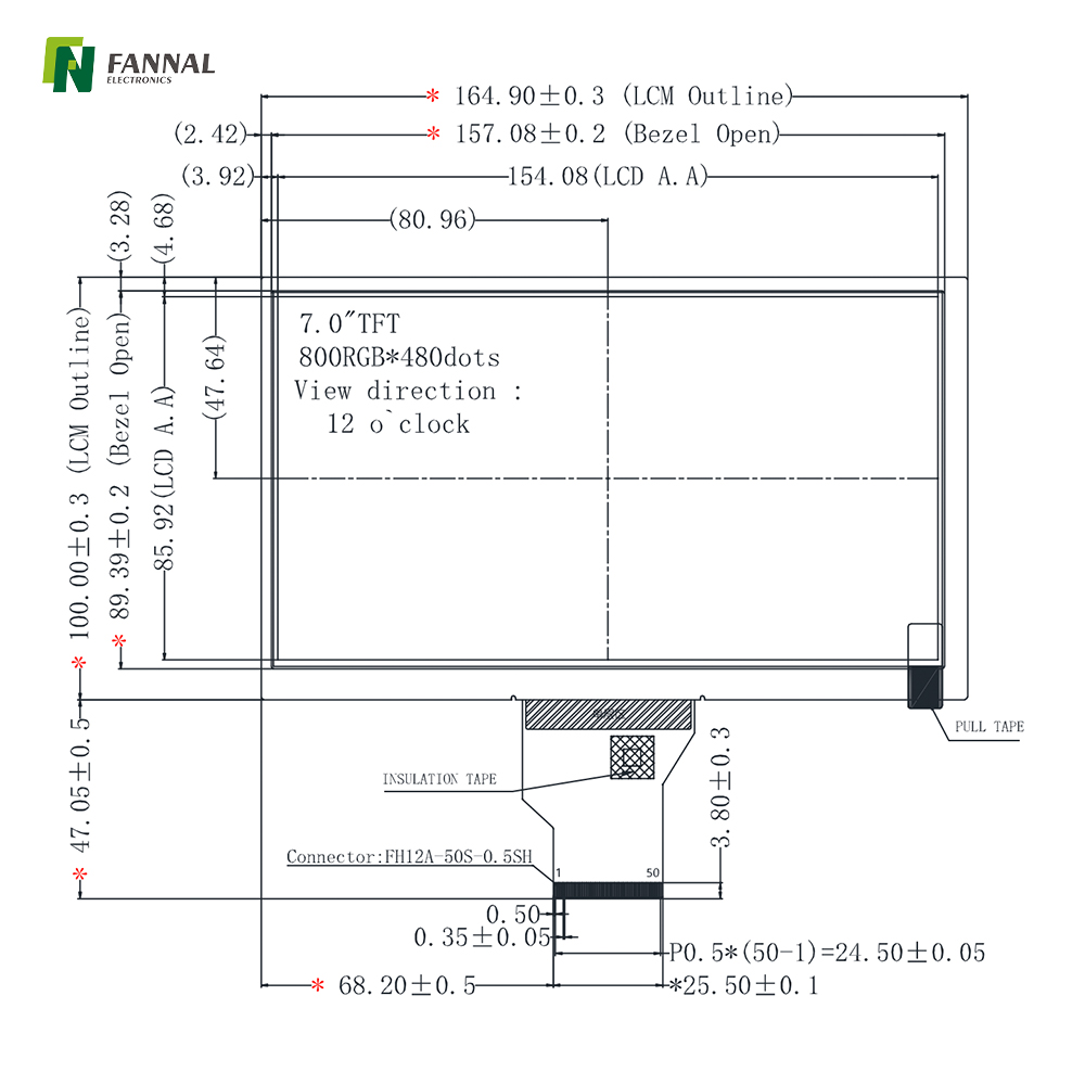 7.0英寸TFT液晶显示屏，亮度400cd/m²，分辨率800x480接口 RGB 50