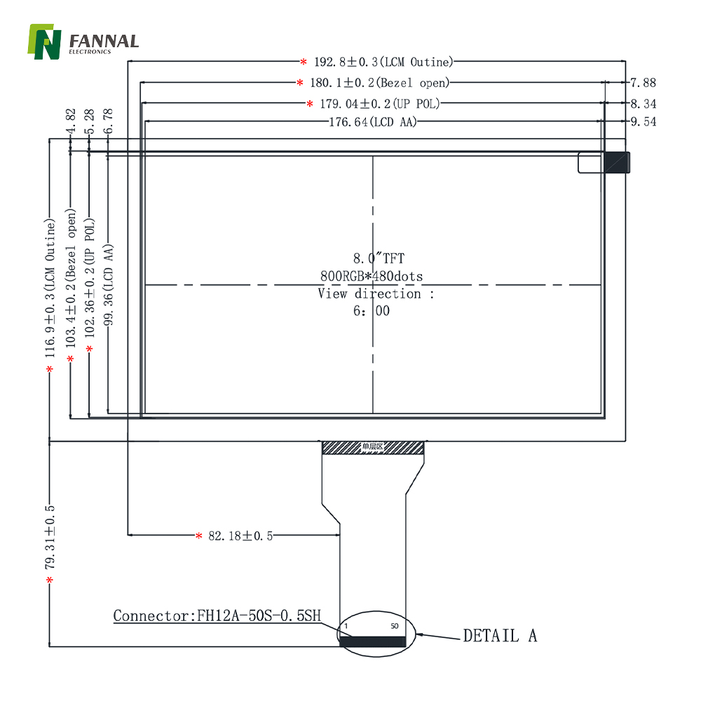 8.0英寸TFT液晶显示屏，亮度500cd/m²，分辨率800x480,接口RGB50