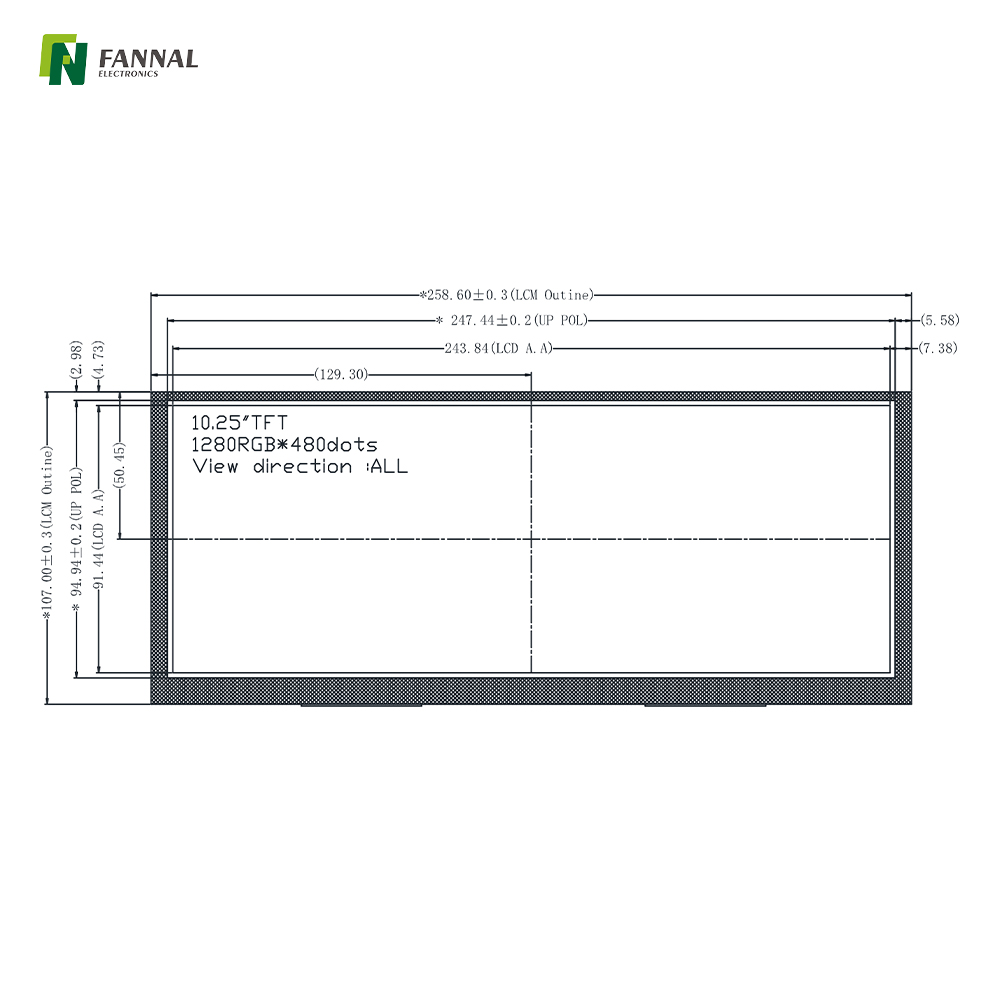 10.25英寸宽温TFT液晶显示屏，亮度1000cd/m²，分辨率1280x480,接口 LVDS 60